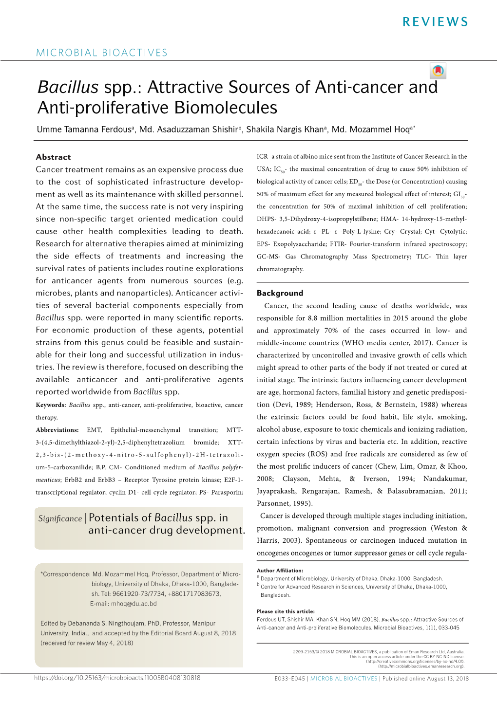 Bacillus Spp.: Attractive Sources of Anti-Cancer and Anti-Proliferative Biomolecules