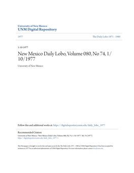 New Mexico Daily Lobo, Volume 080, No 74, 1/10/1977." 80, 74 (1977)