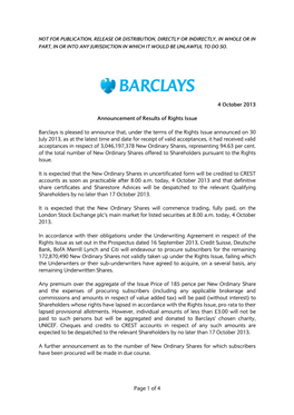 Of 4 4 October 2013 Announcement of Results of Rights Issue Barclays Is