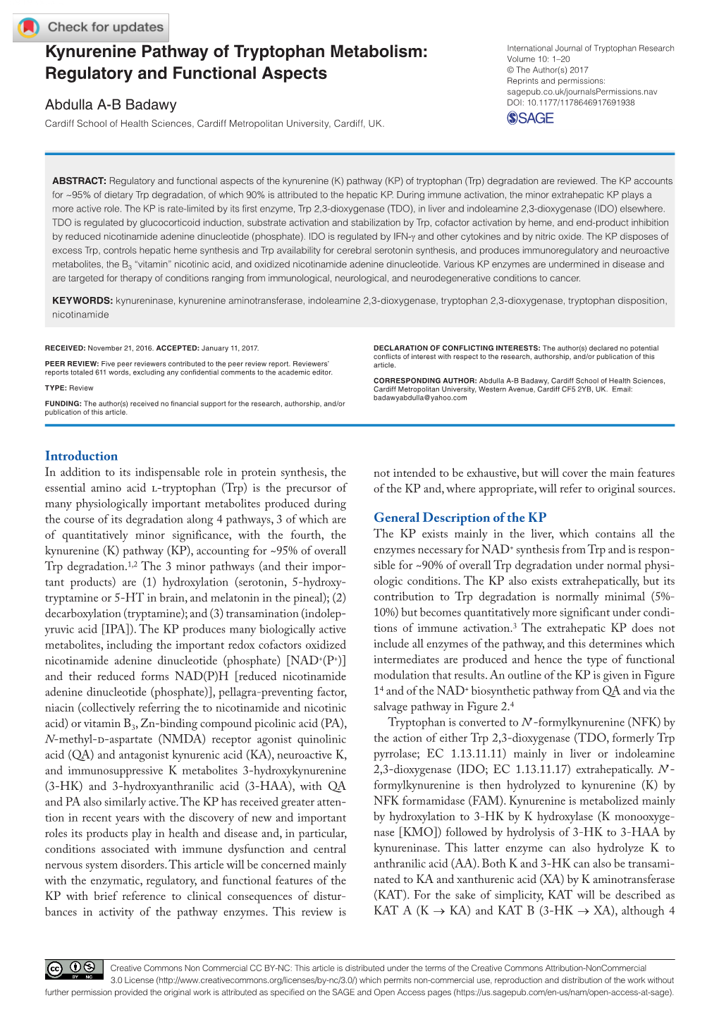 Kynurenine Pathway of Tryptophan Metabolism