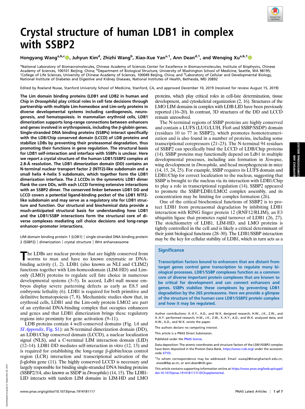 Crystal Structure of Human LDB1 in Complex with SSBP2