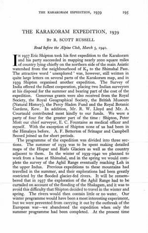 THE KARAKORAM EXPEDITION, 1939. R. Scott Russell