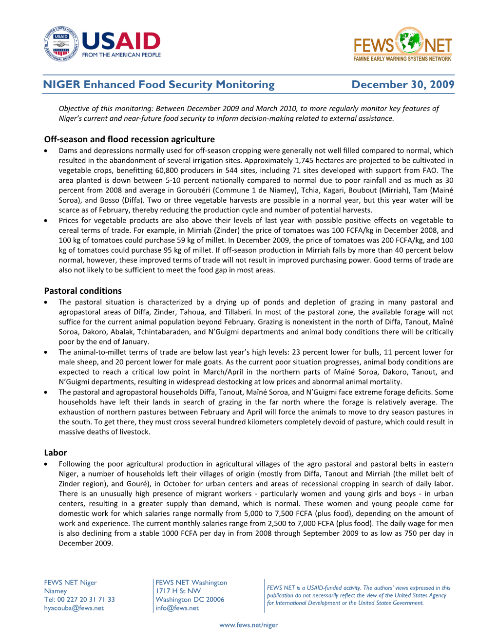 NIGER Enhanced Food Security Monitoring December 30, 2009