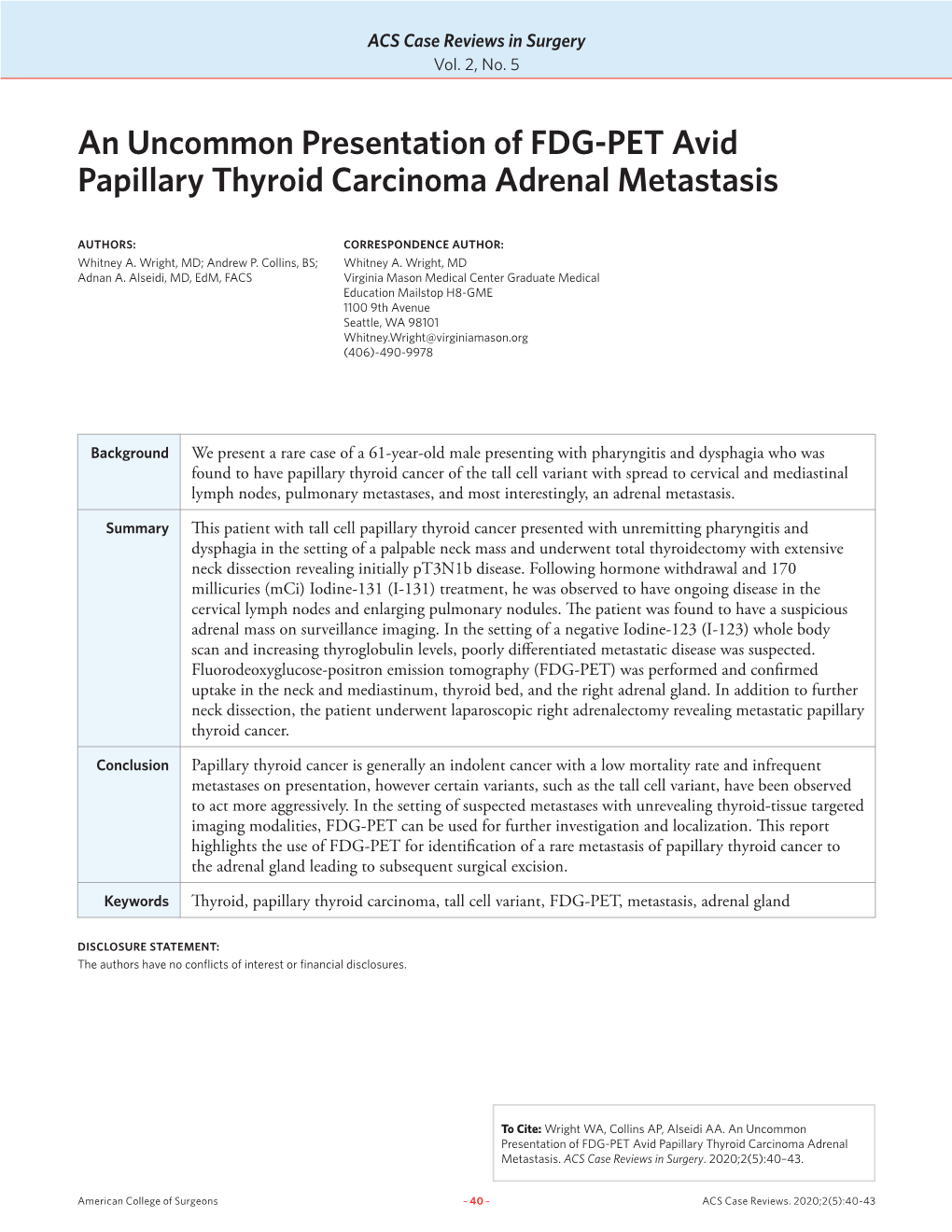 An Uncommon Presentation of FDG-PET Avid Papillary Thyroid Carcinoma Adrenal Metastasis
