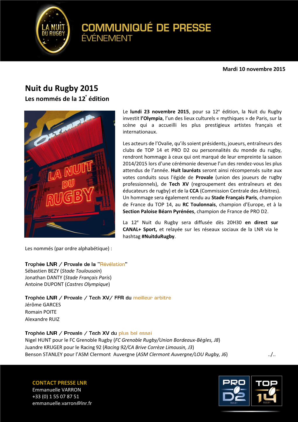 Nuit Du Rugby 2015 Les Nommés De La 12E Édition