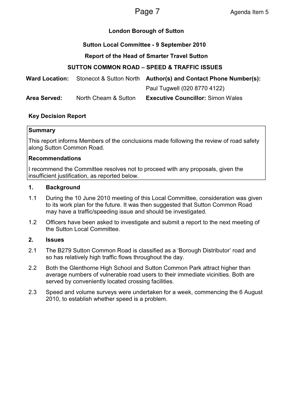 Sutton Common Road – Speed & Traffic Issues