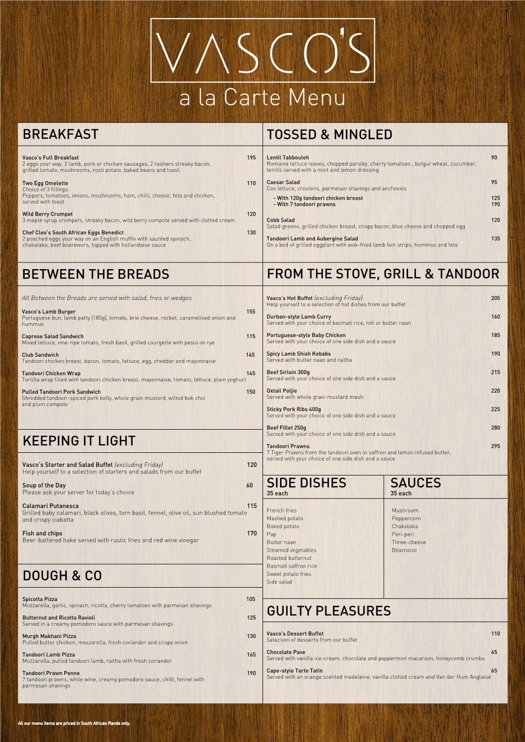 A La Carte Menu