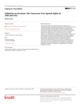Solidarity on Occasion: the Vancouver Free Speech Fights of 1909 and 1912 Mark Leier