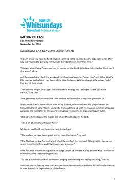 MEDIA RELEASE Musicians and Fans Love Airlie Beach