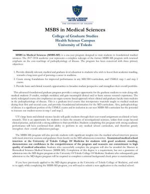 MSBS in Medical Sciences College of Graduate Studies Health Science Campus University of Toledo