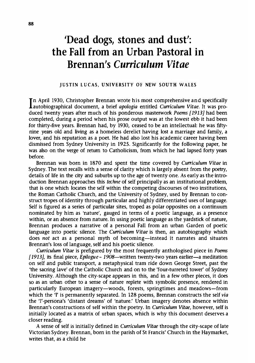 'Dead Dogs, Stones and Dust': the Fall from an Urban Pastoral in Brennan's Curriculum Vi Tae