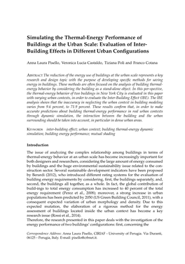 Simulating the Thermal-Energy Performance of Buildings at the Urban Scale: Evaluation of Inter- Building Effects in Different Urban Conﬁgurations