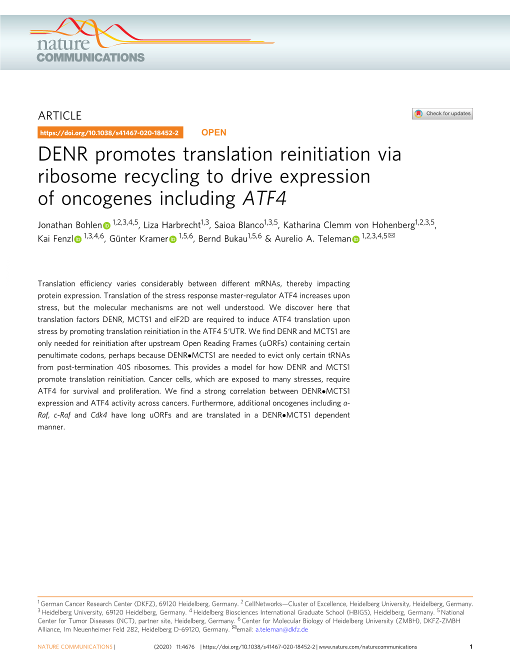 DENR Promotes Translation Reinitiation Via Ribosome Recycling to Drive Expression of Oncogenes Including ATF4