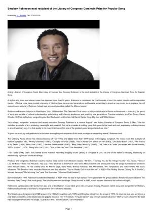 Smokey Robinson Next Recipient of the Library of Congress Gershwin Prize for Popular Song
