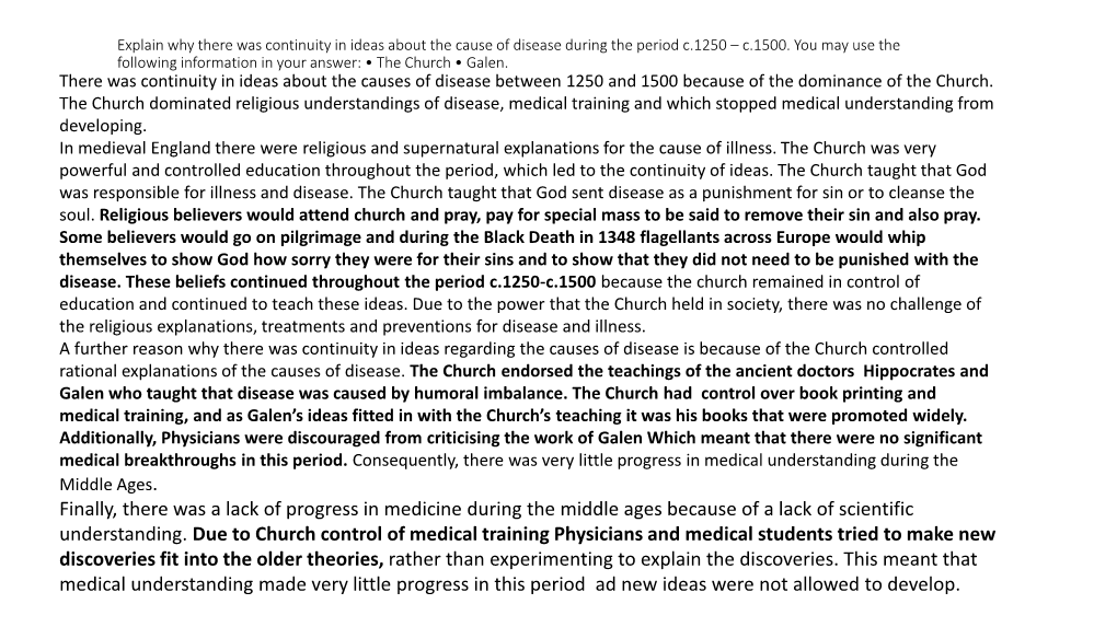 Explain Why There Was Continuity in Ideas About the Cause of Disease During the Period C.1250 – C.1500. You May Use the Follow