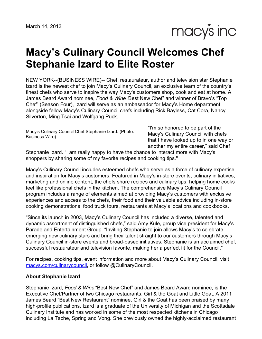 Macy's Culinary Council Welcomes Chef Stephanie Izard to Elite Roster