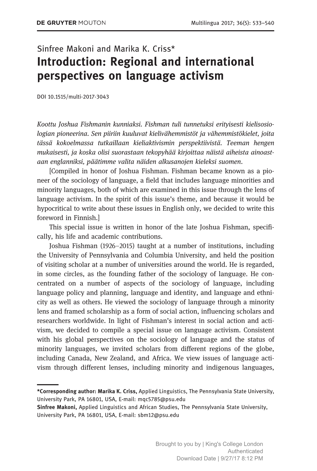 Regional and International Perspectives on Language Activism