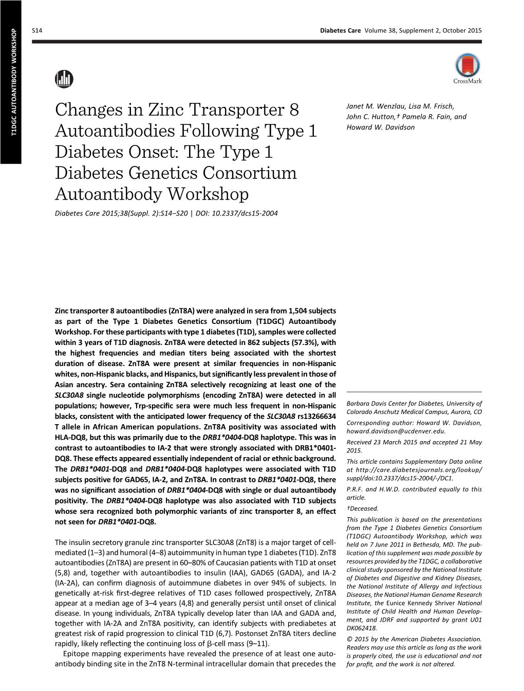 Changes in Zinc Transporter 8 Autoantibodies Following Type 1 Diabetes Onset