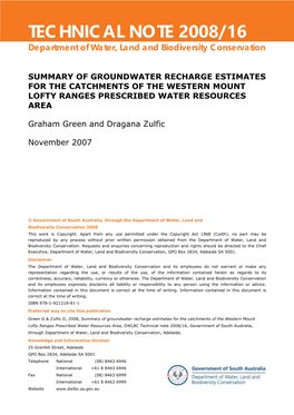 Summary of Groundwater Recharge Estimates for the Catchments of the Western Mount Lofty Ranges Prescribed Water Resources Area