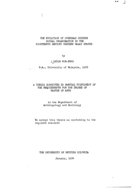 The Evolution of Overseas Chinese Social Organization in the Nineteenth Century Western Malay States