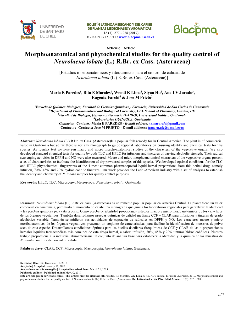 Morphoanatomical and Phytochemical Studies for the Quality Control of Neurolaena Lobata (L.) R.Br