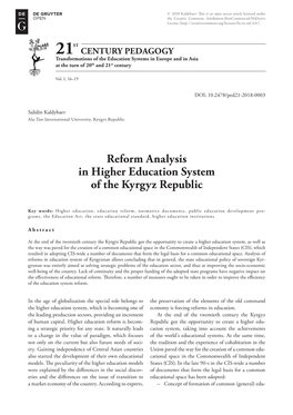 Reform Analysis in Higher Education System of the Kyrgyz Republic