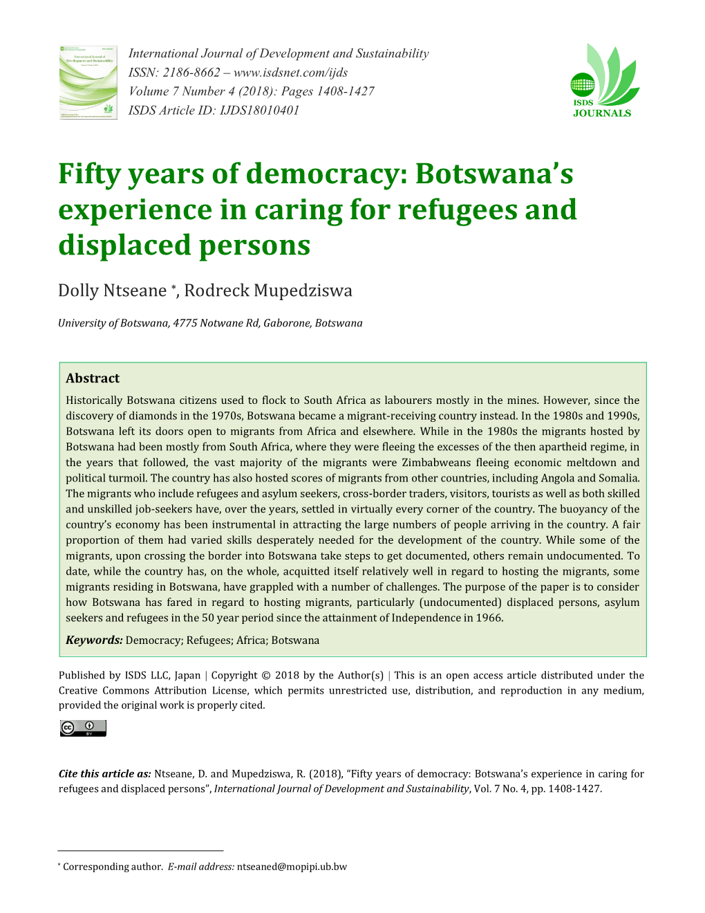 Botswana's Experience in Caring for Refugees and Displaced Persons