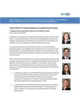 2 New Efforts to Clarify Employee Cannabis Drug Testing by Meghana Shah, Greg Kaufman, Melissa Fox and Brittany Cambre