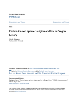 Each in Its Own Sphere : Religion and Law in Oregon History