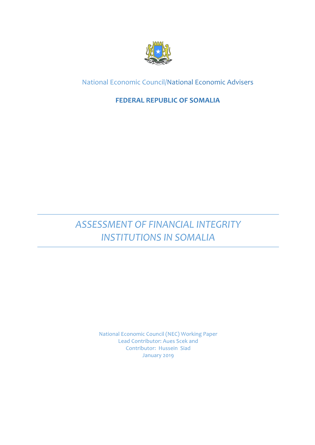 Assessment of Financial Integrity Institutions in Somalia