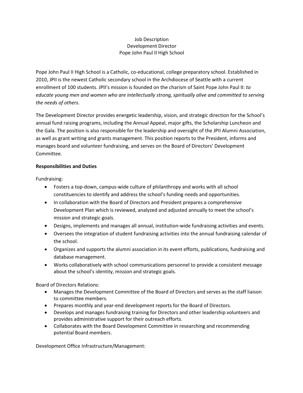 Job Description Development Director Pope John Paul II High School