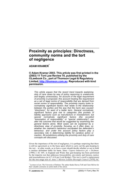 Proximity As Principles: Directness, Community Norms and the Tort of Negligence