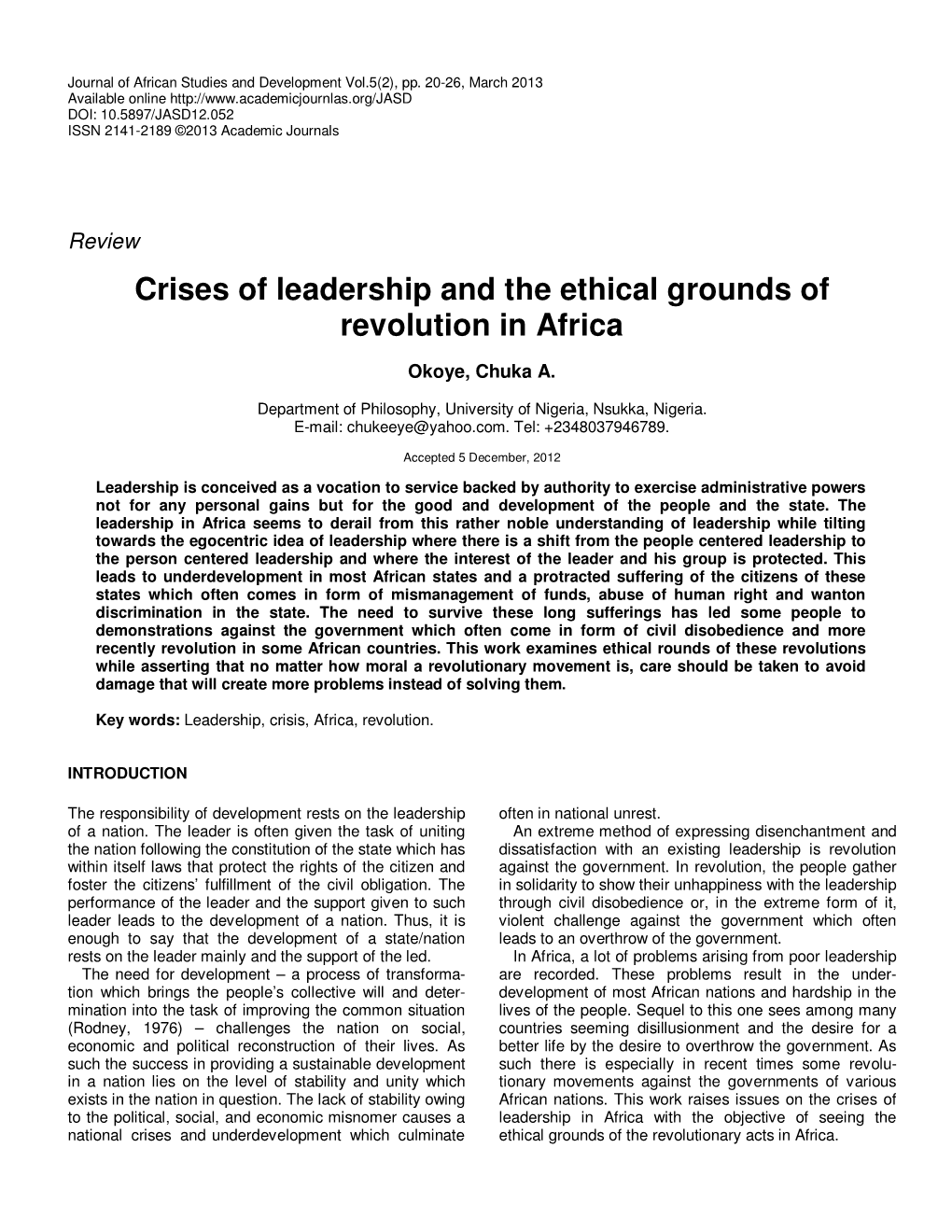 Crises of Leadership and the Ethical Grounds of Revolution in Africa