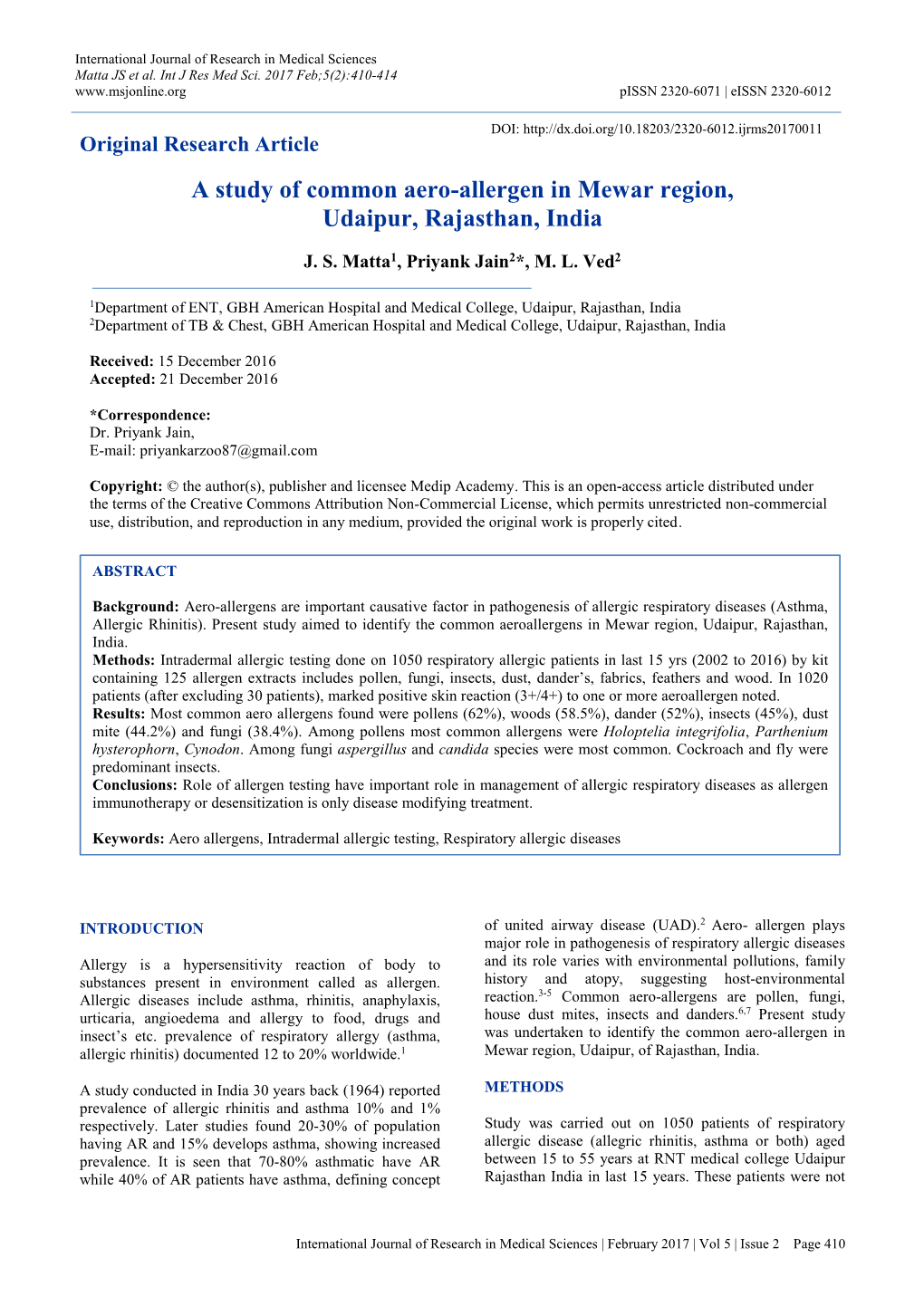 A Study of Common Aero-Allergen in Mewar Region, Udaipur, Rajasthan, India