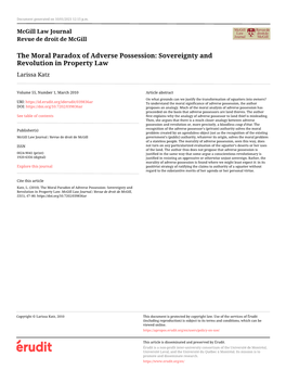 The Moral Paradox of Adverse Possession: Sovereignty and Revolution in Property Law Larissa Katz