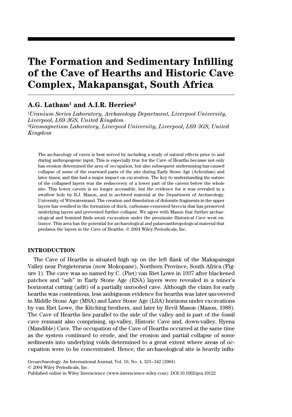 The Formation and Sedimentary Infilling of the Cave of Hearths