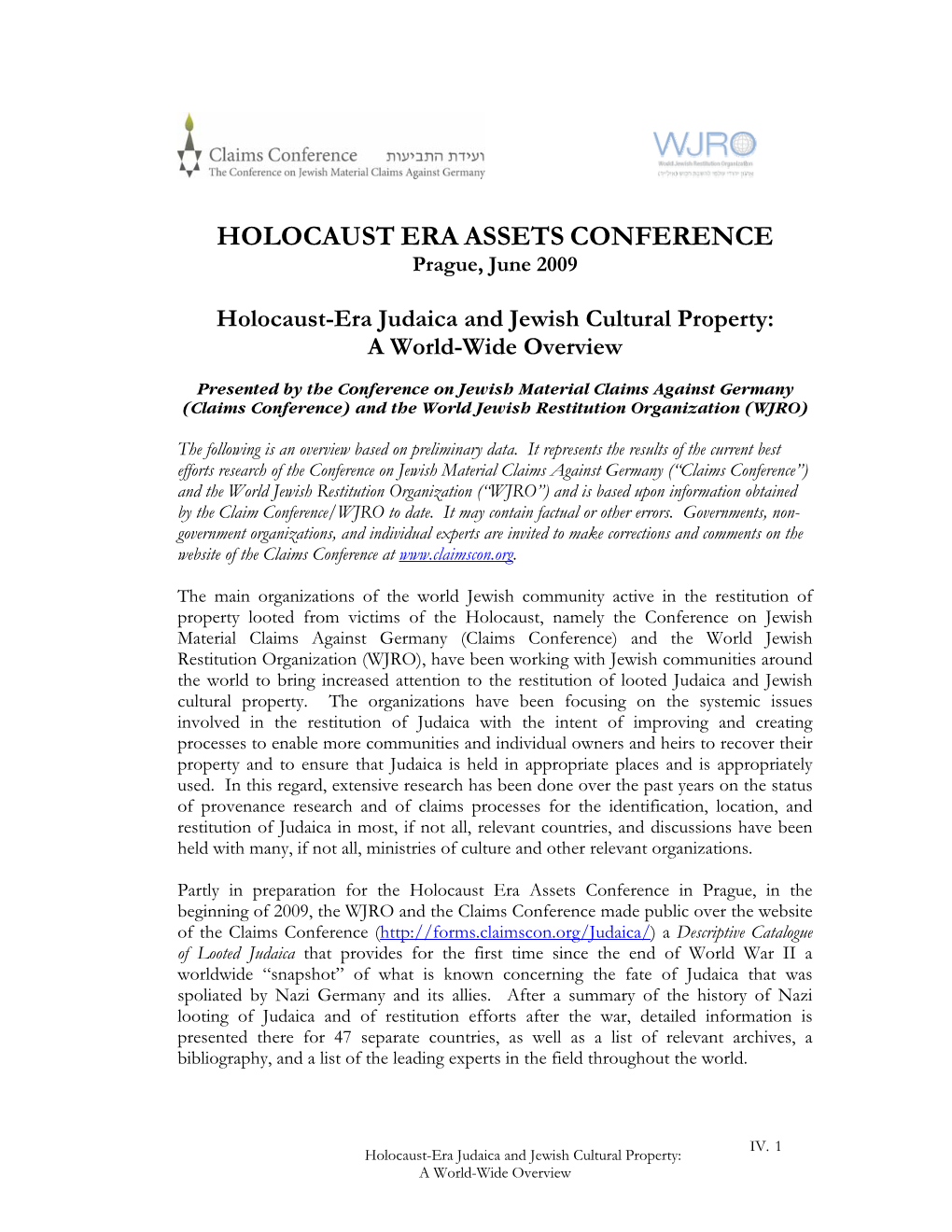 Holocaust-Era Judaica and Jewish Cultural Property: a World-Wide Overview