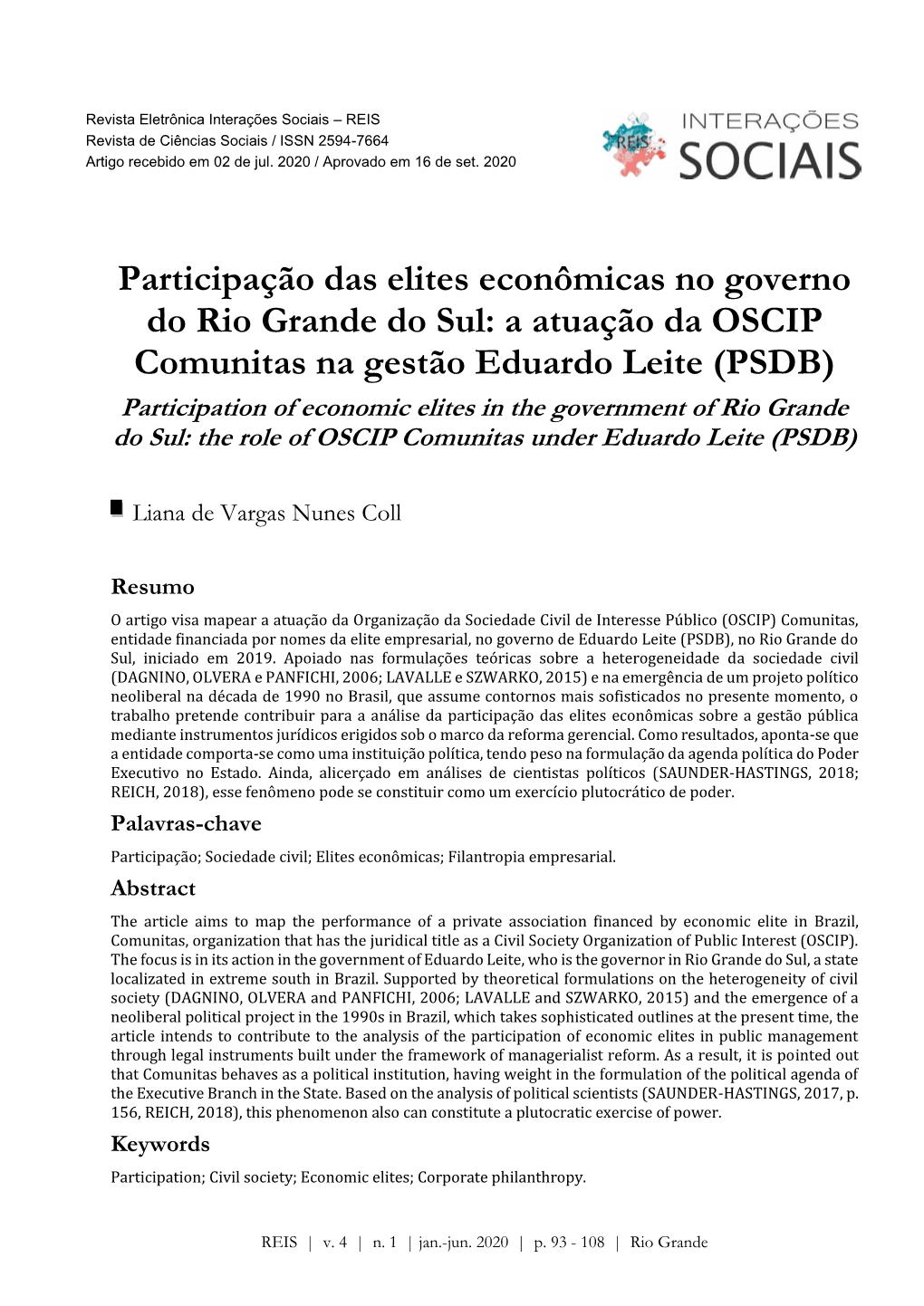 Participação Das Elites Econômicas No Governo Do Rio Grande Do Sul: a Atuação Da OSCIP Comunitas Na Gestão Eduardo Leite (