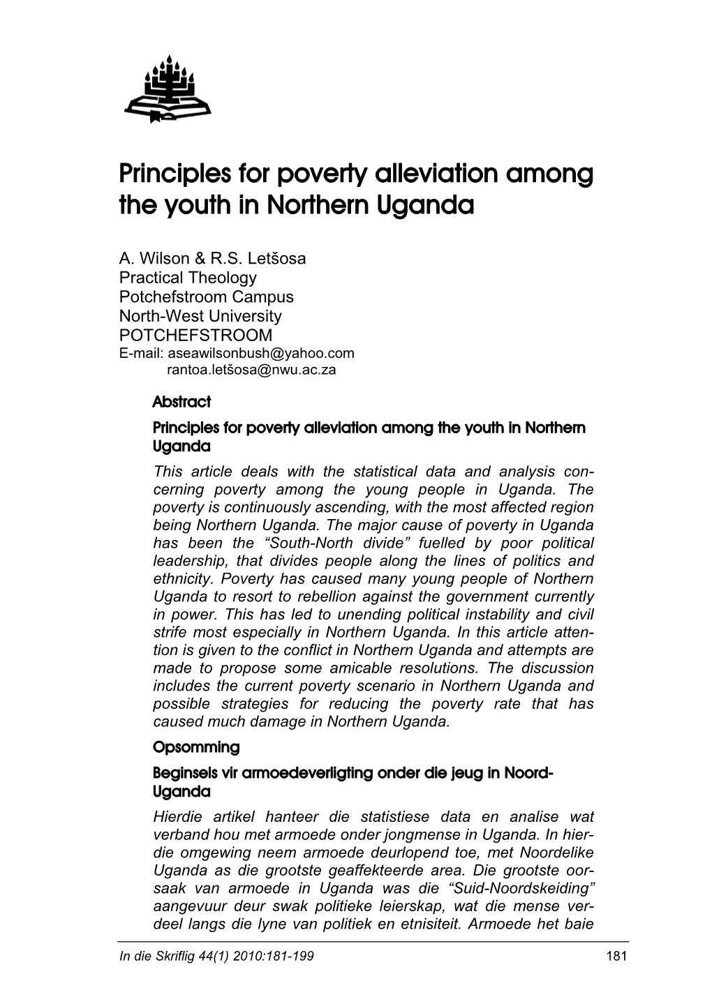 Principles for Poverty Alleviation Among the Youth in Northern Uganda