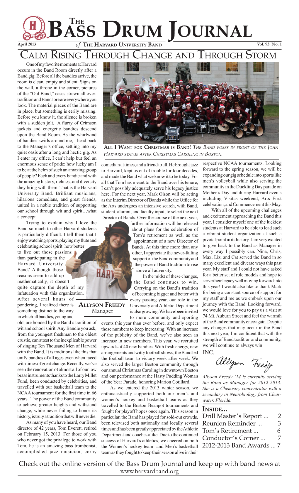 BASS DRUM JOURNAL April 2013 of the HARVARD UNIVERSITY BAND Vol