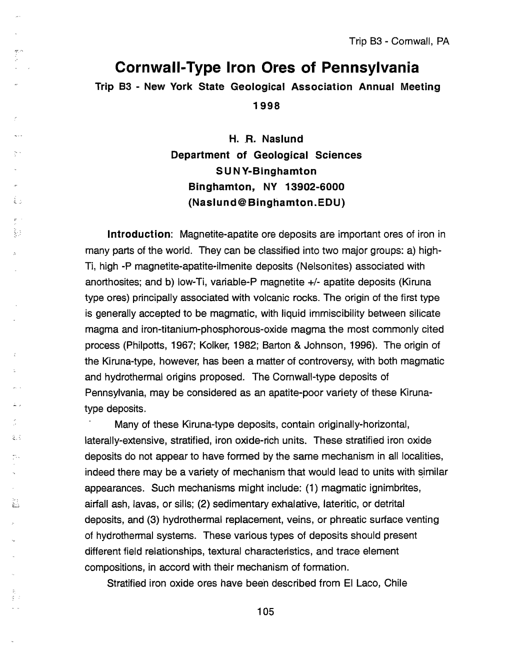 Cornwall-Type Iron Ores of Pennsylvania Trip B3 - New York State Geological Association Annual Meeting 1998