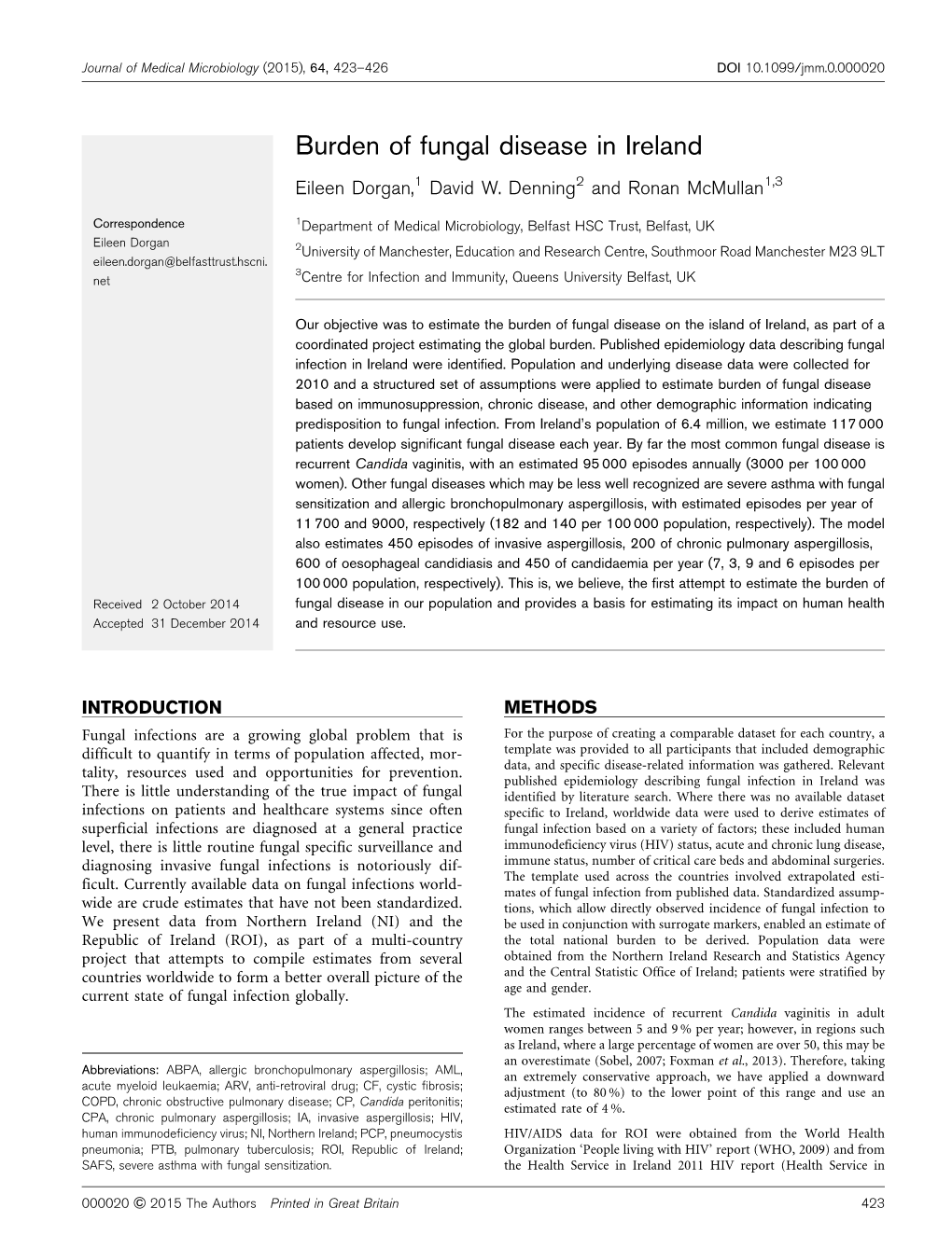 Burden of Fungal Disease in Ireland