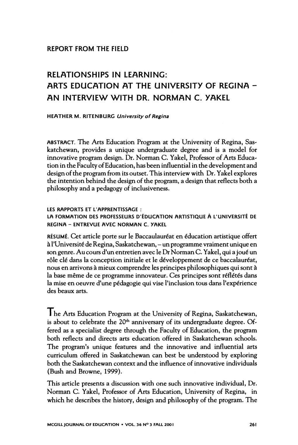 Relationships in Learning: Arts Education at the University of Regina - an Interview with Dr