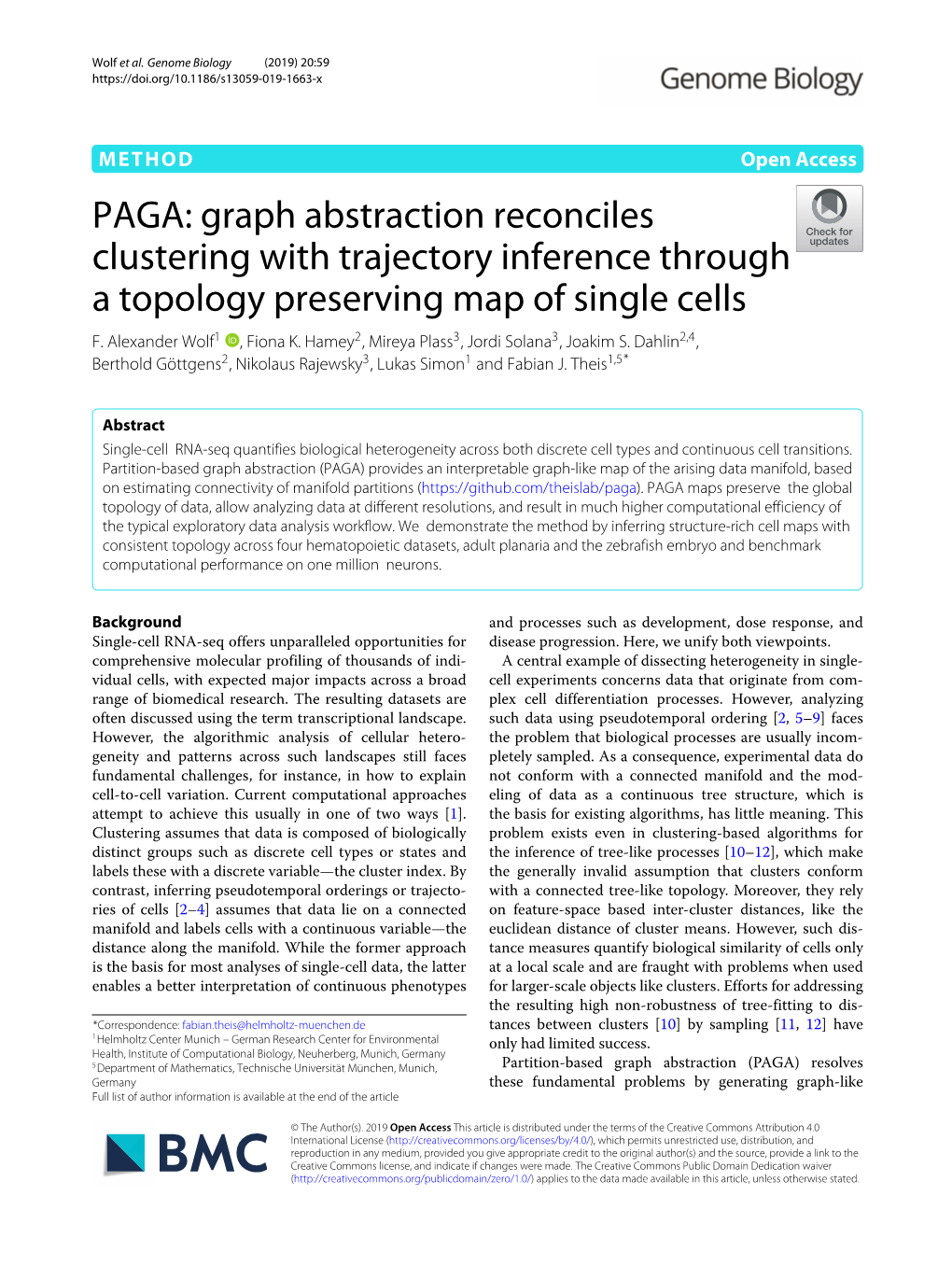 PAGA: Graph Abstraction Reconciles Clustering with Trajectory Inference Through a Topology Preserving Map of Single Cells F