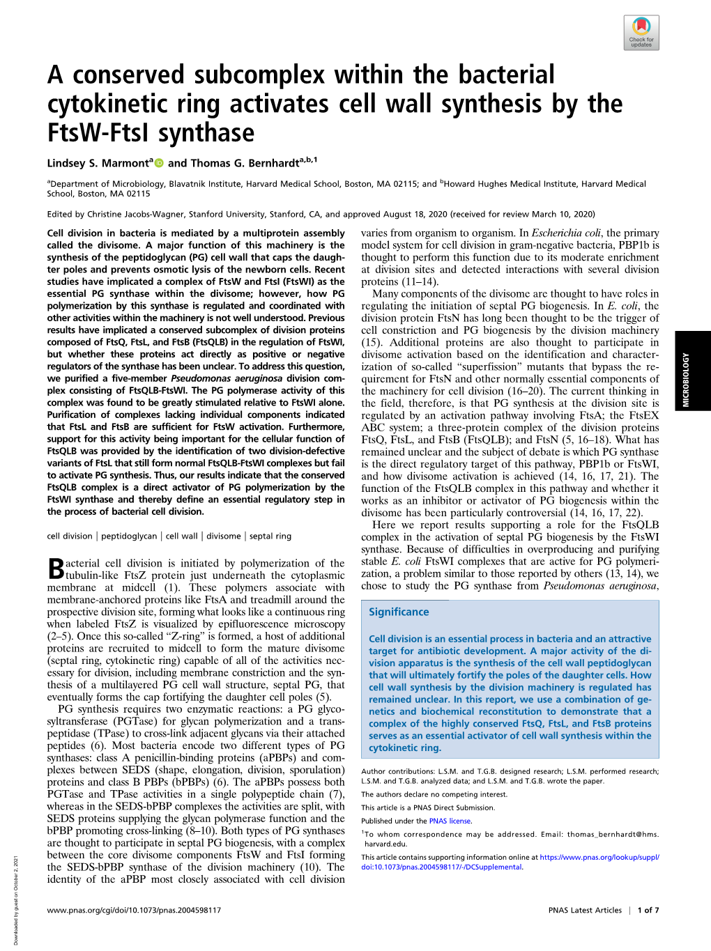 A Conserved Subcomplex Within the Bacterial Cytokinetic Ring Activates Cell Wall Synthesis by the Ftsw-Ftsi Synthase