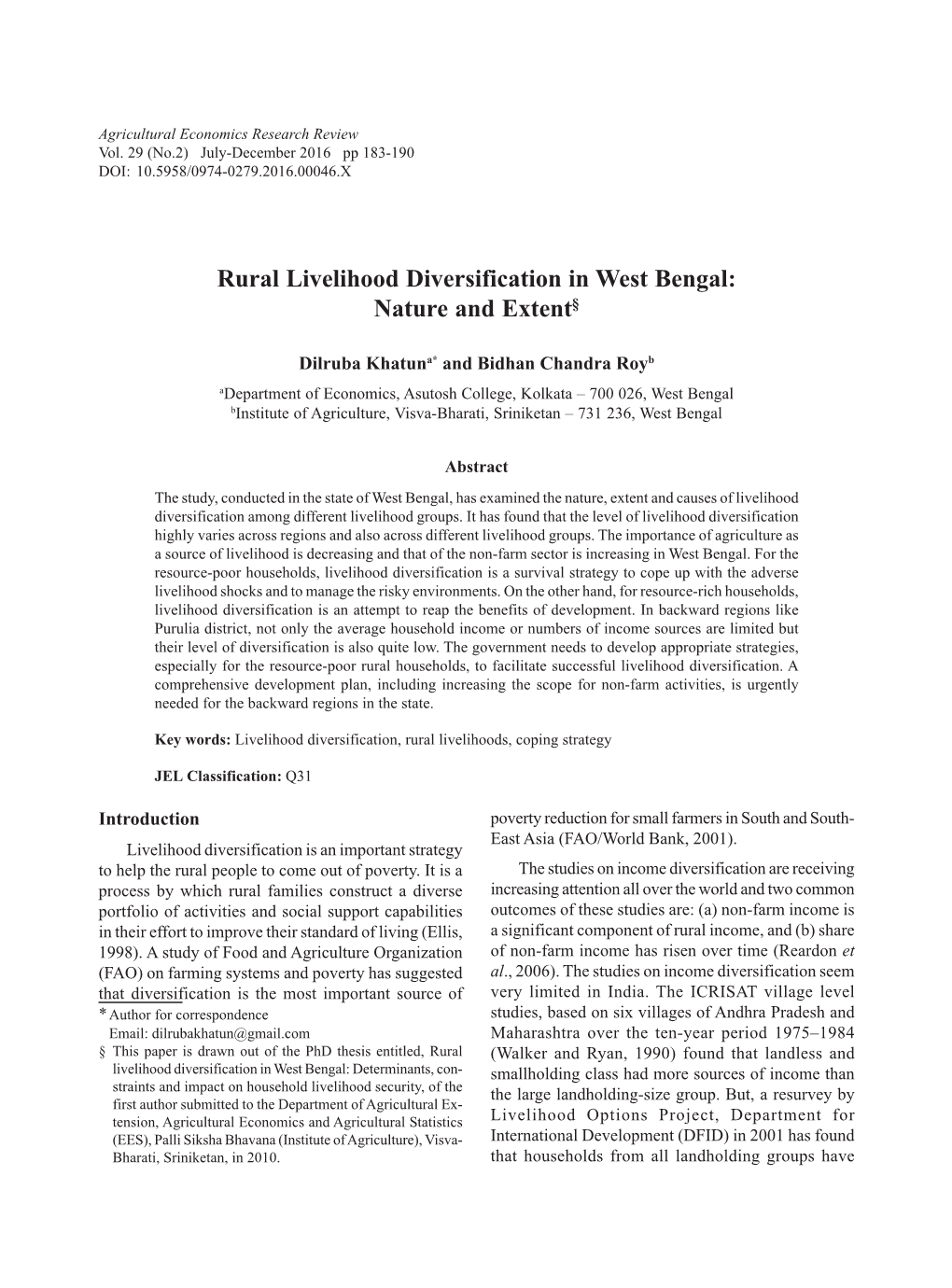 Rural Livelihood Diversification in West Bengal: Nature and Extent§