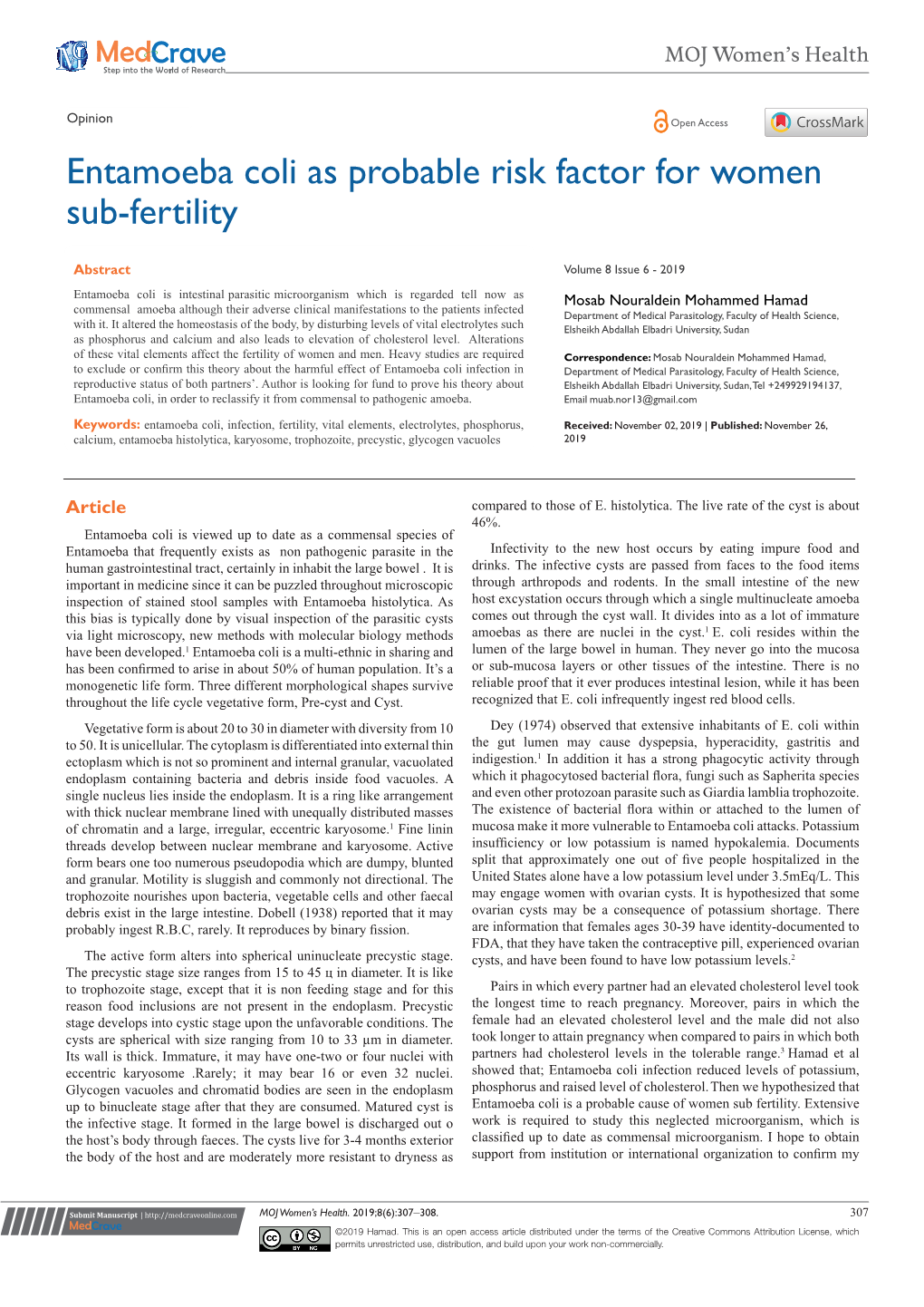 Entamoeba Coli As Probable Risk Factor for Women Sub-Fertility