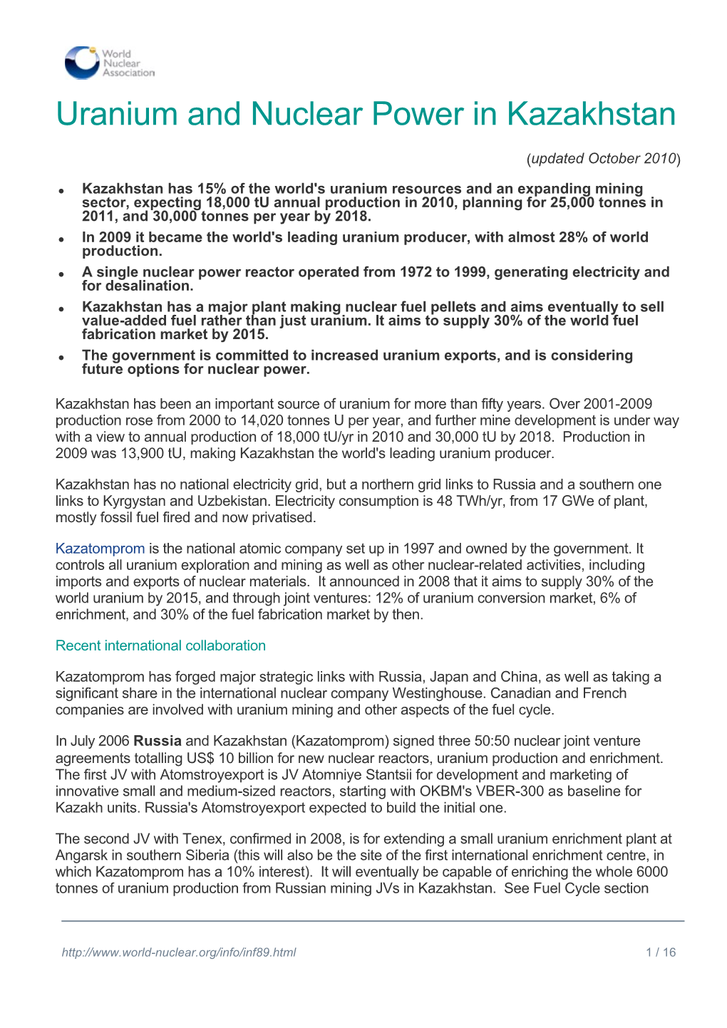 Uranium and Nuclear Power in Kazakhstan