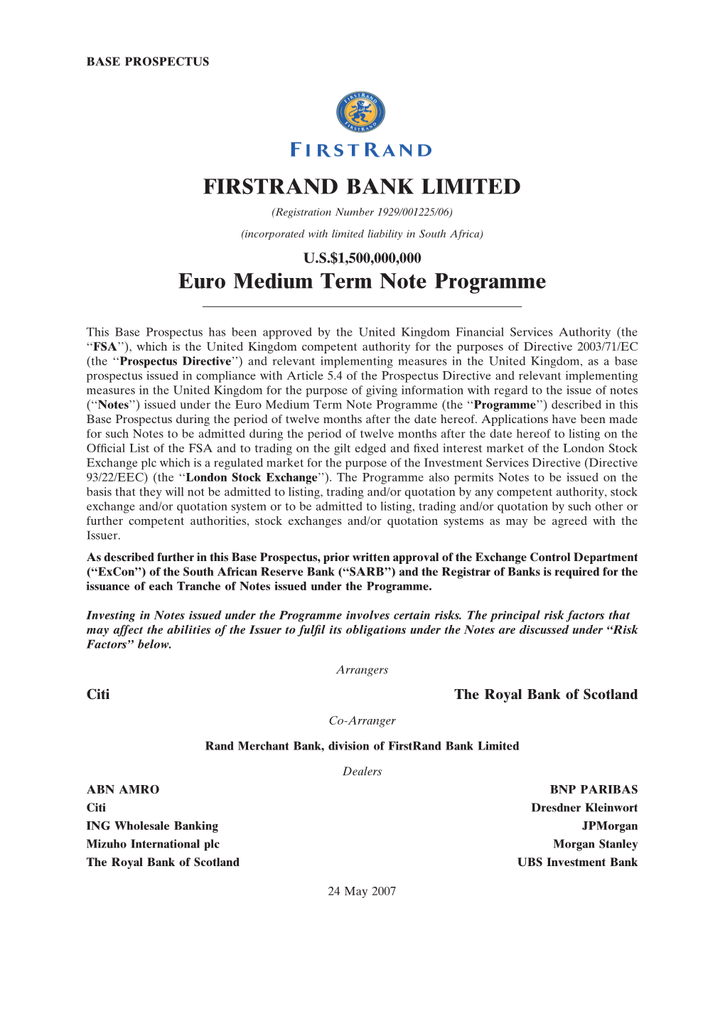 FIRSTRAND BANK LIMITED Euro Medium Term Note Programme