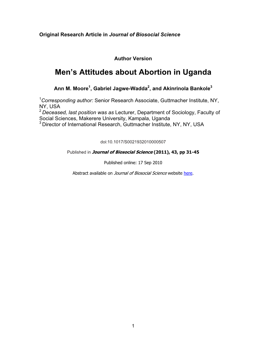 Men's Attitudes About Abortion in Uganda